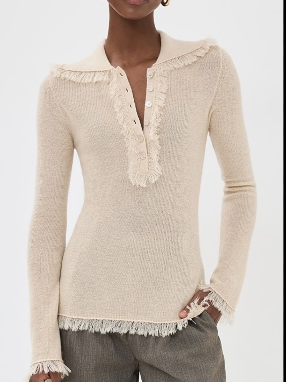 NWT| by MALENE BIRGER Dreele Fringed Knit Polo Sweater in Cream